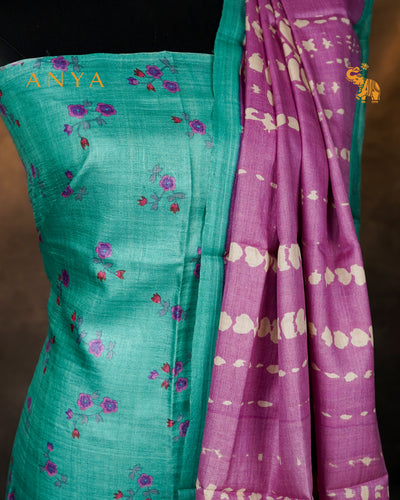 Rexona Green Floral Print Tussar Silk Salwar with Lavender Shibori Print Design