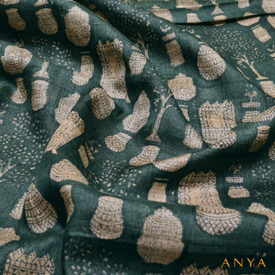 Bottle Green Tussar Silk Fabric with Print Design