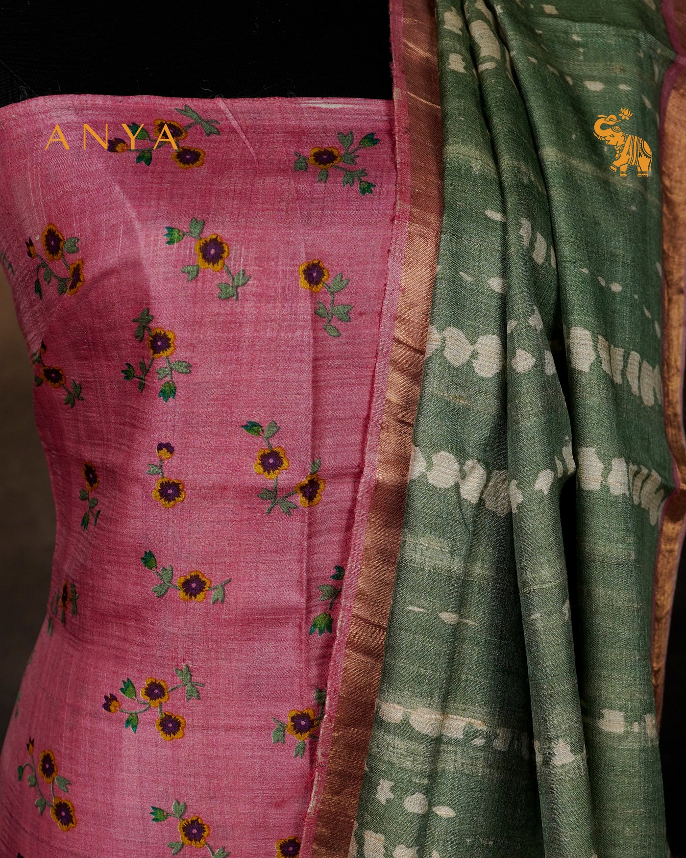 Onion Pink Floral Print Tussar Silk Salwar with Olive Green Shibori Print Design