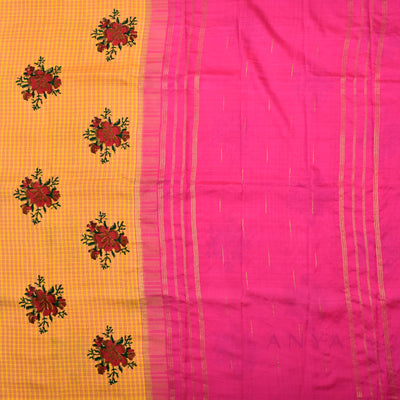 Mustard Printed Kanchi Silk Saree with Small Checks and Floral Design