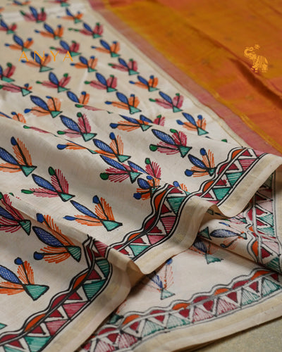 Off White Madhubani Kanchi Silk Saree