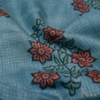 Indigo Blue Tussar Silk Fabric with Kalamkari Print Design