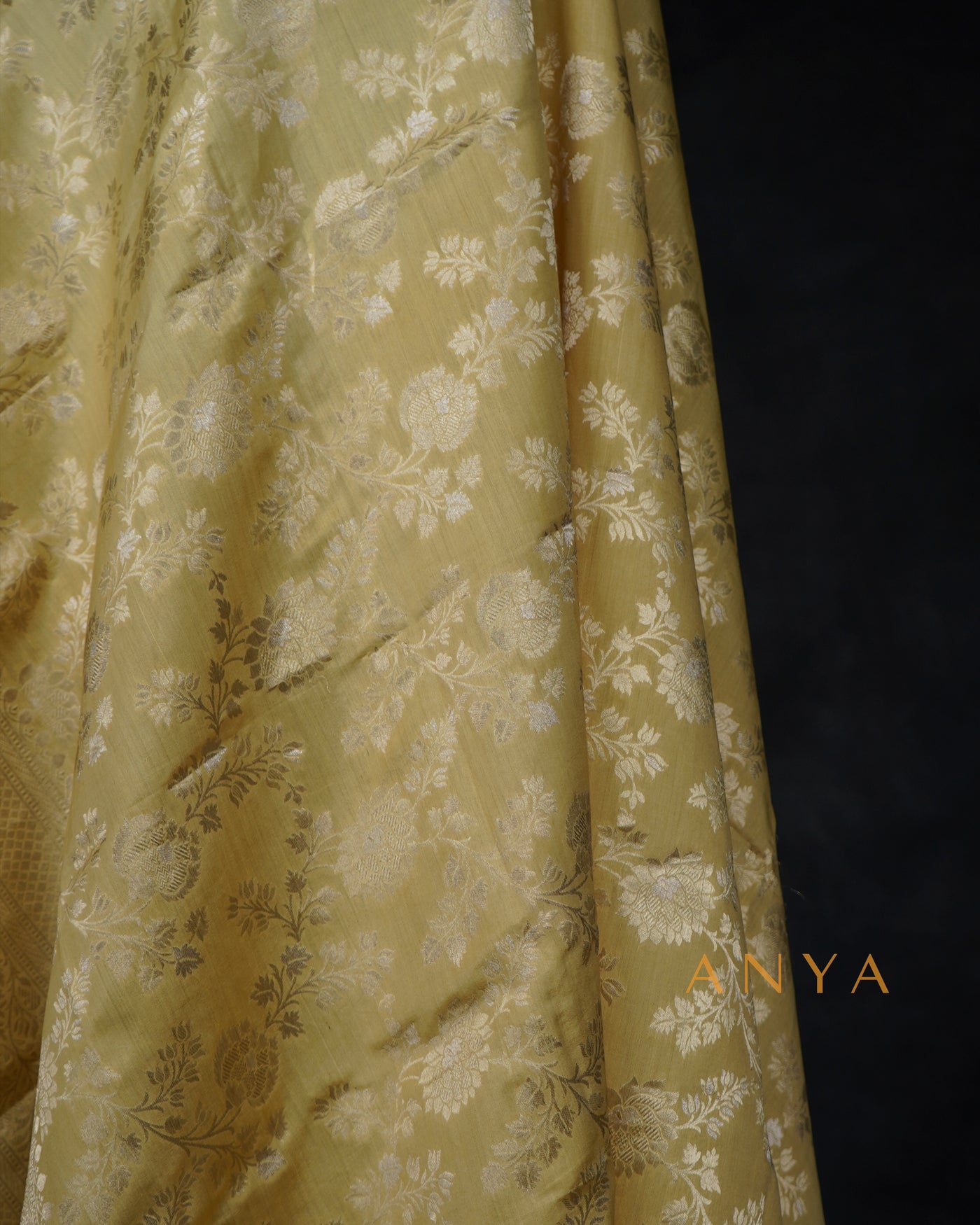 Yellow Banarasi Silk Dupatta with Floral Zari Creeper Design