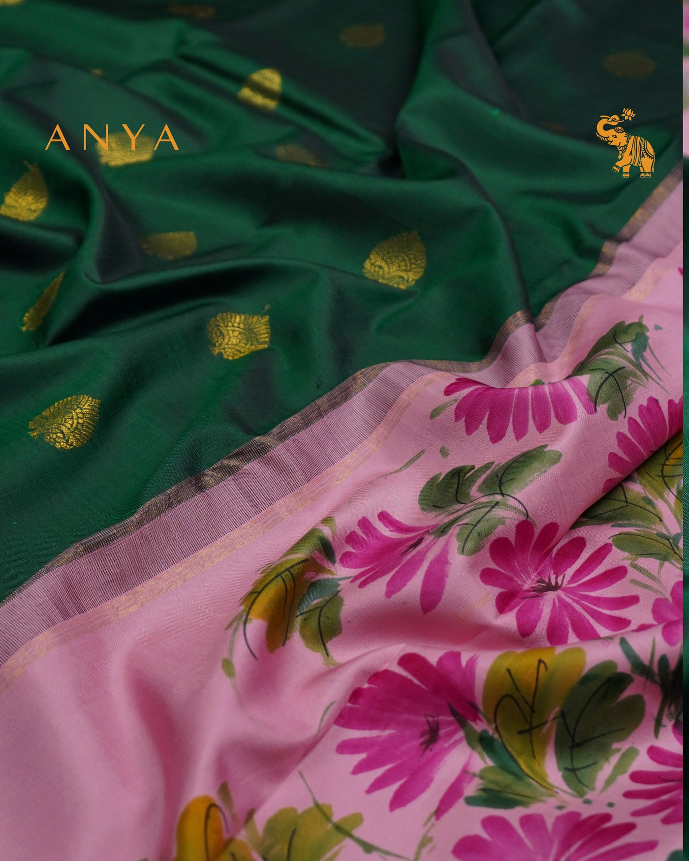 Bottle Green Hand Painted Kanchi Silk Saree with Zari Butta Design