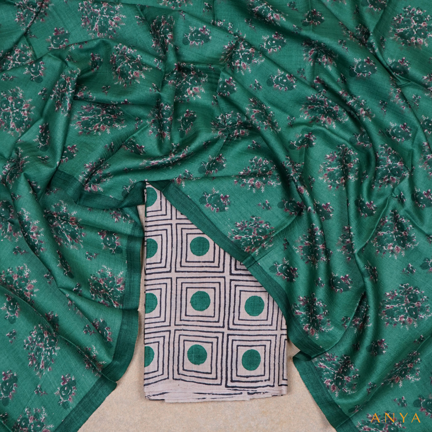 Off White Tussar Silk Salwar with Dark Green Floral Printed Dupatta