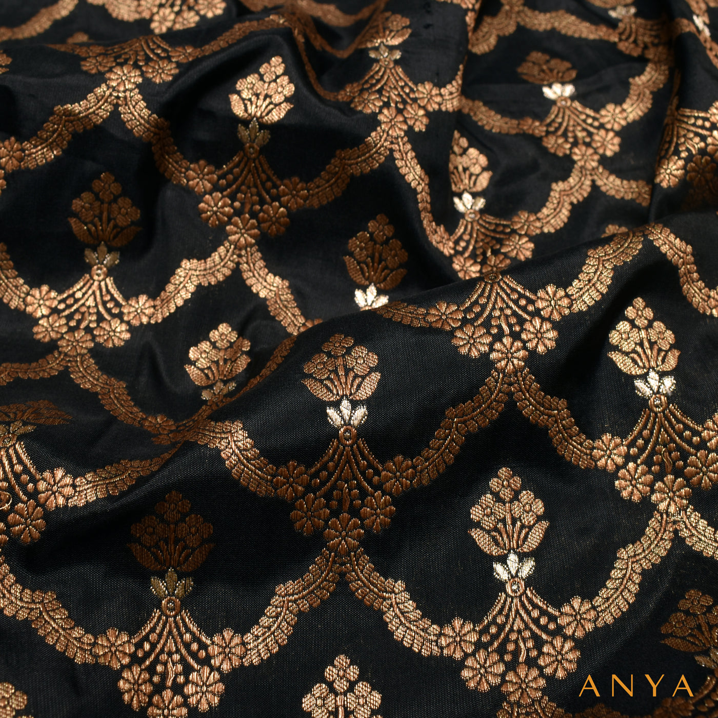 Black Banarasi Silk Fabric with Creeper Design