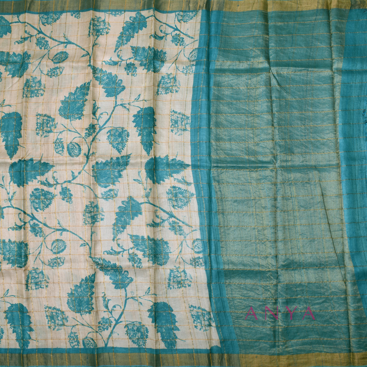 Off White Tussar Silk Saree with Leaf Print and Zari Checks Design