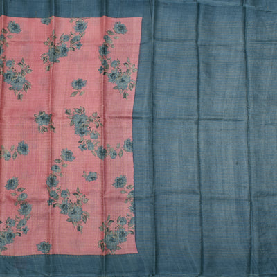 Onion Pink Tussar Silk Saree with Floral Print and Zari Checks Design