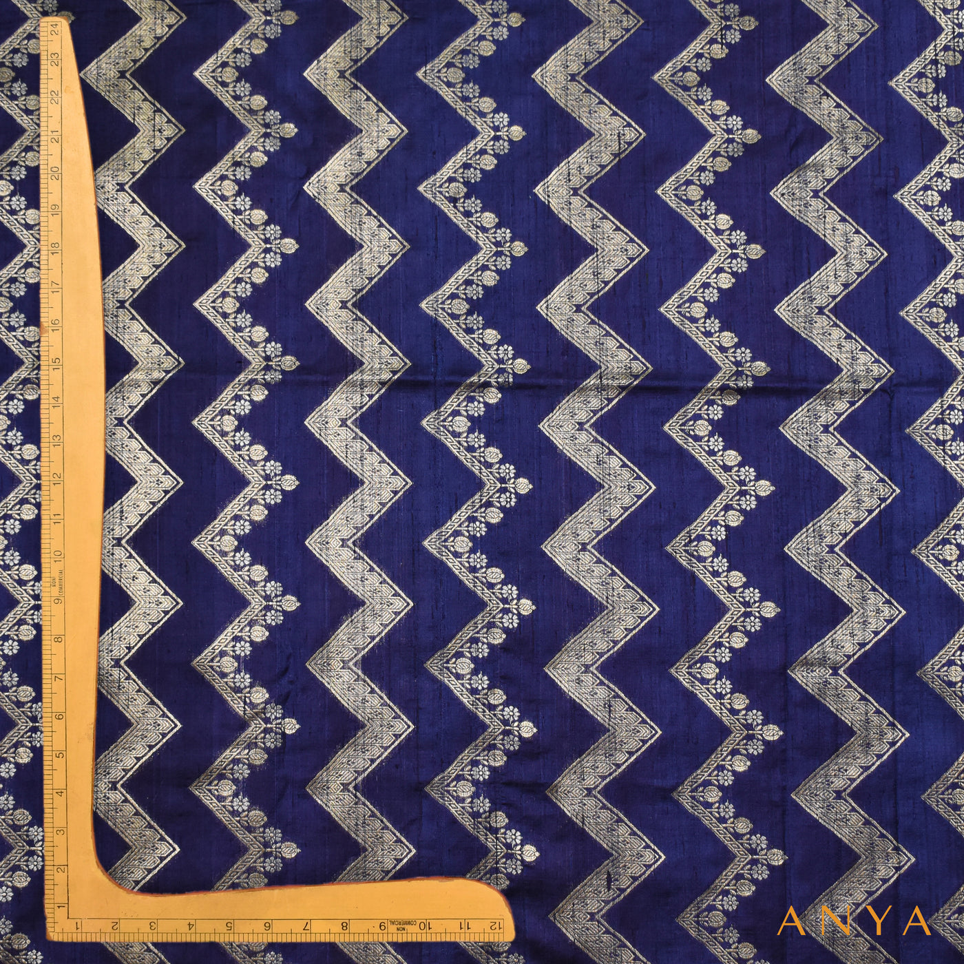 Navy Blue Banarasi Tussar Raw Silk Fabric with Zig Zag Design