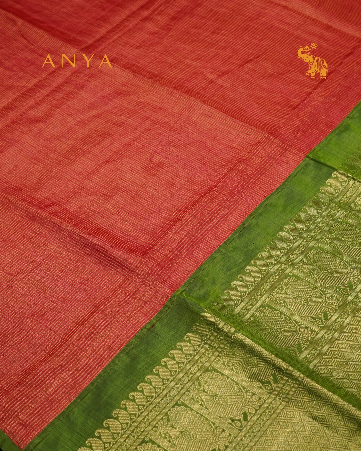 Red Zari Checks Tussar Silk Saree with Chutney Green Kanchi Silk Getti Self Pallu