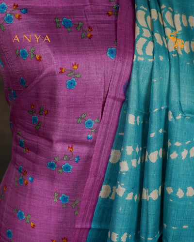 Lavender Floral Print Tussar Silk Salwar with Blue Shibori Print Design