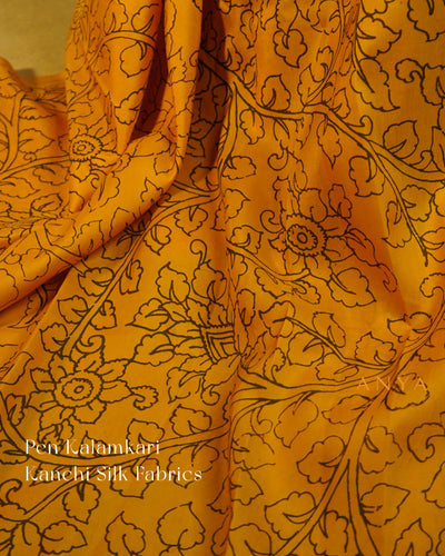 Mustard Pen Kalamkari Kanchi Silk Fabric