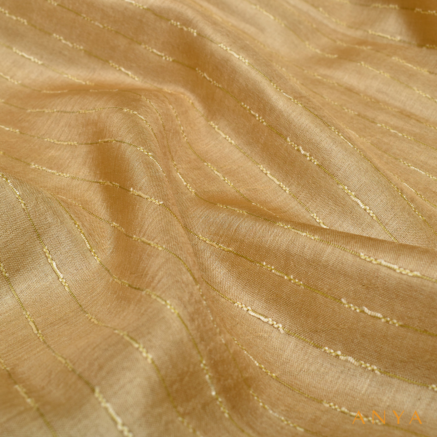 Gold Tussar Silk Fabric with Thread Lines Design