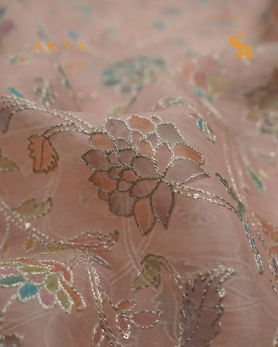 Onion Pink Organza Fabric with Floral Embroidery Design