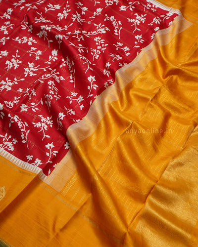 Red Printed Kanchi Silk Saree with Floral Print and Zari Checks Design