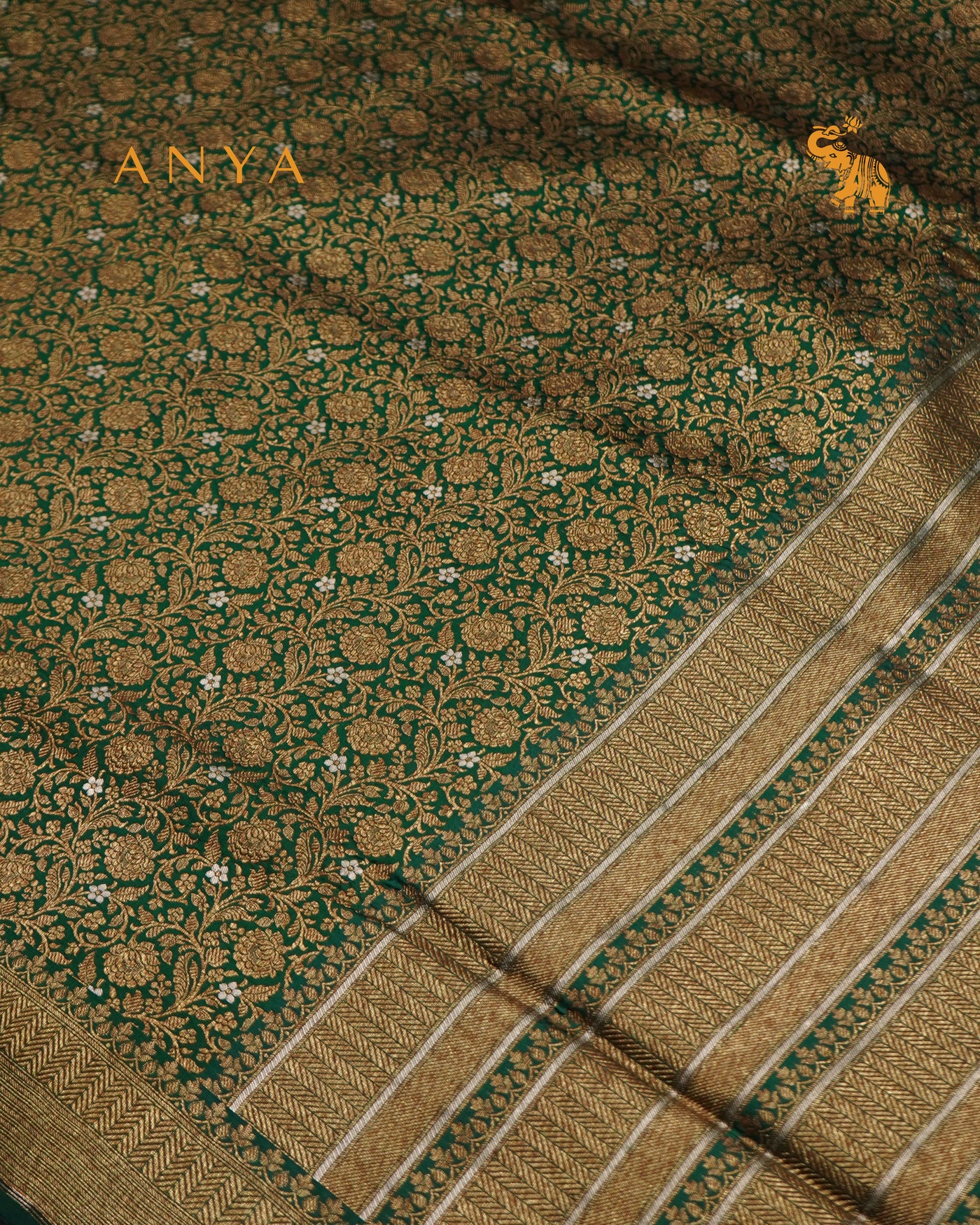 Bottle Green Banarasi Silk Saree with Floral Creeper Design