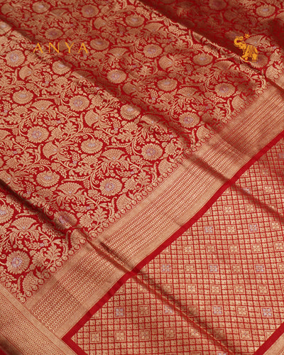 Red Banarasi Silk Saree with Floral Creeper Design