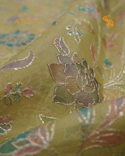 Light Yellow Organza Fabric with Floral Embroidery Design