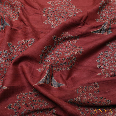 Maroon Tussar Ajrak Print Fabric