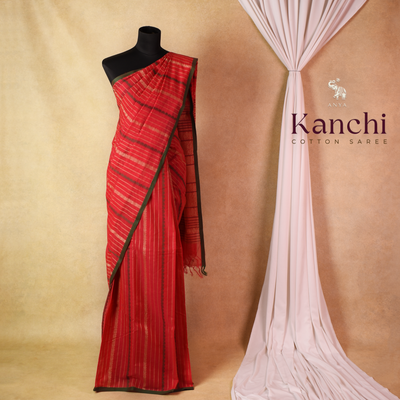 Pink Kanchi Cotton Saree with Vertical Thread Stripes Design