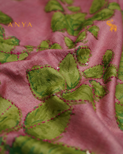 Onion Pink Tussar Silk Saree with Floral Kantha Work Design