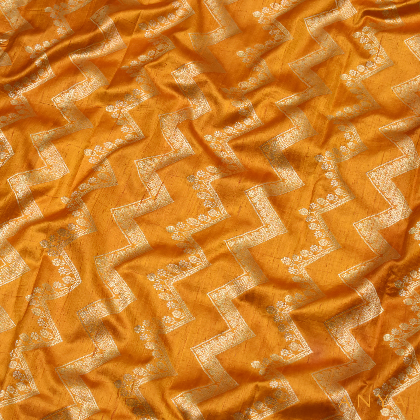 Oil Mustard Banarasi Tussar Raw Silk Fabric with Zig Zag Design