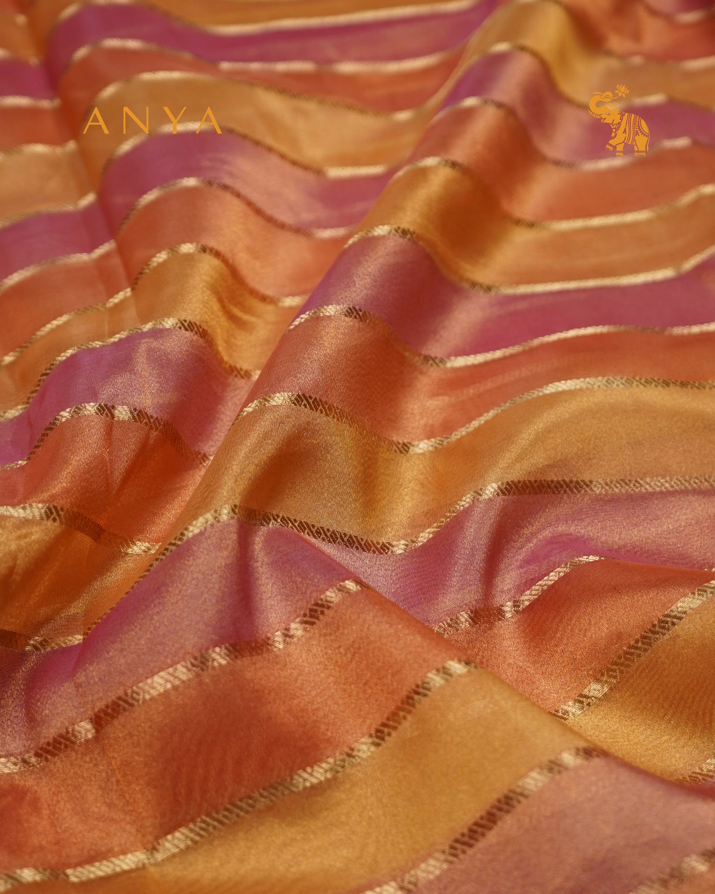 Peach Pink Organza Tissue Fabric with Zari Stripes Design