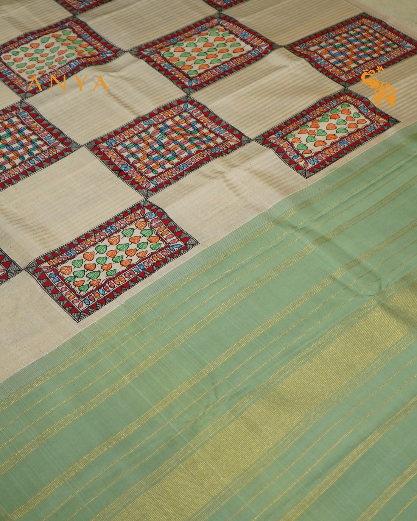 Off White Madhubani Kanchi Silk Saree with Box Pattern Design