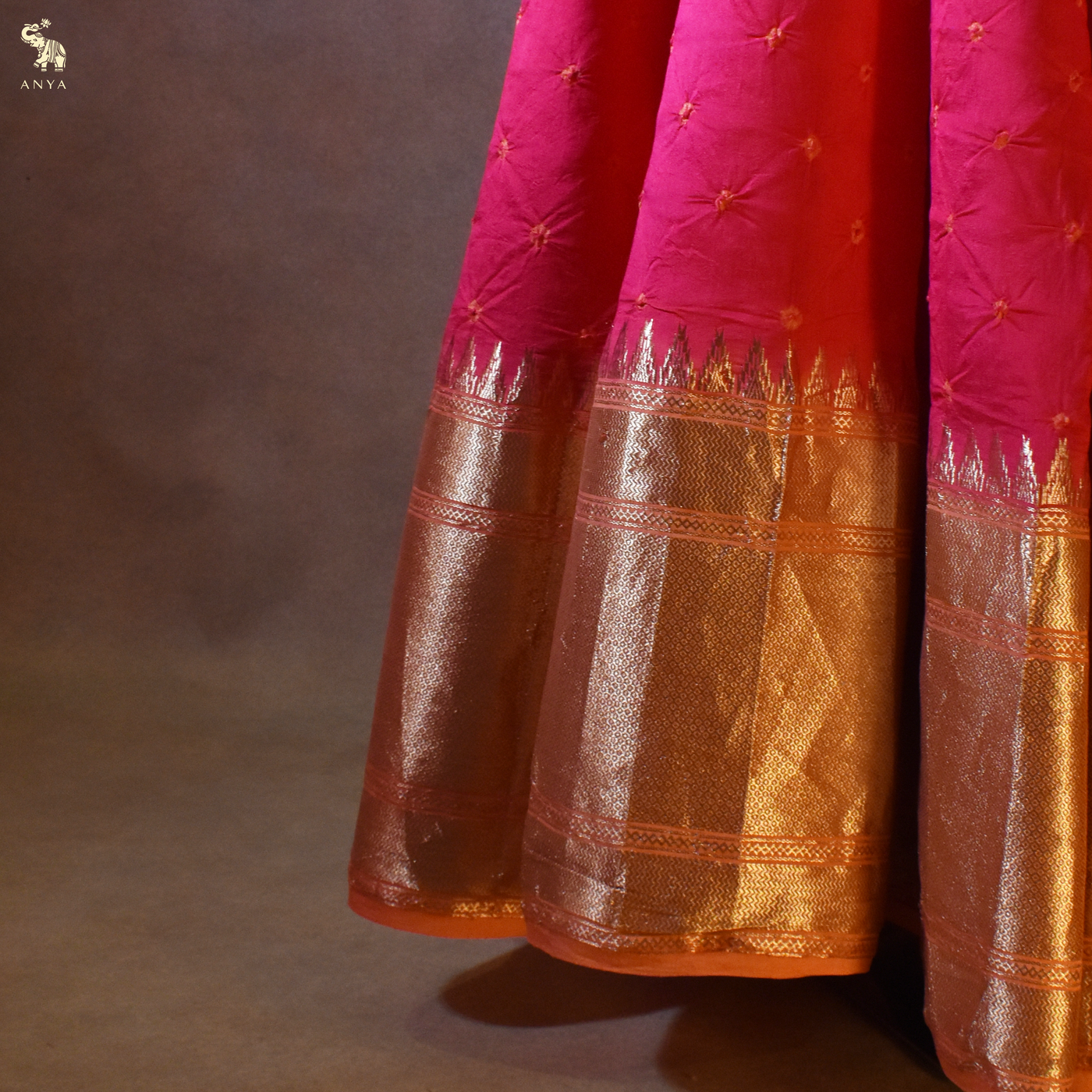 Pink Bhandhini Silk Fabric with Orange Zari Border Design