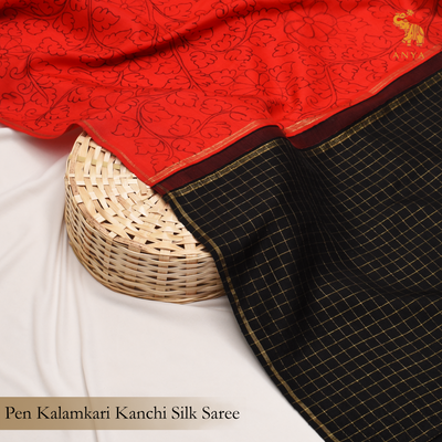 Red Pen Kalamkari Kanchi Silk Saree with Black Zari Kattam Pallu and Blouse