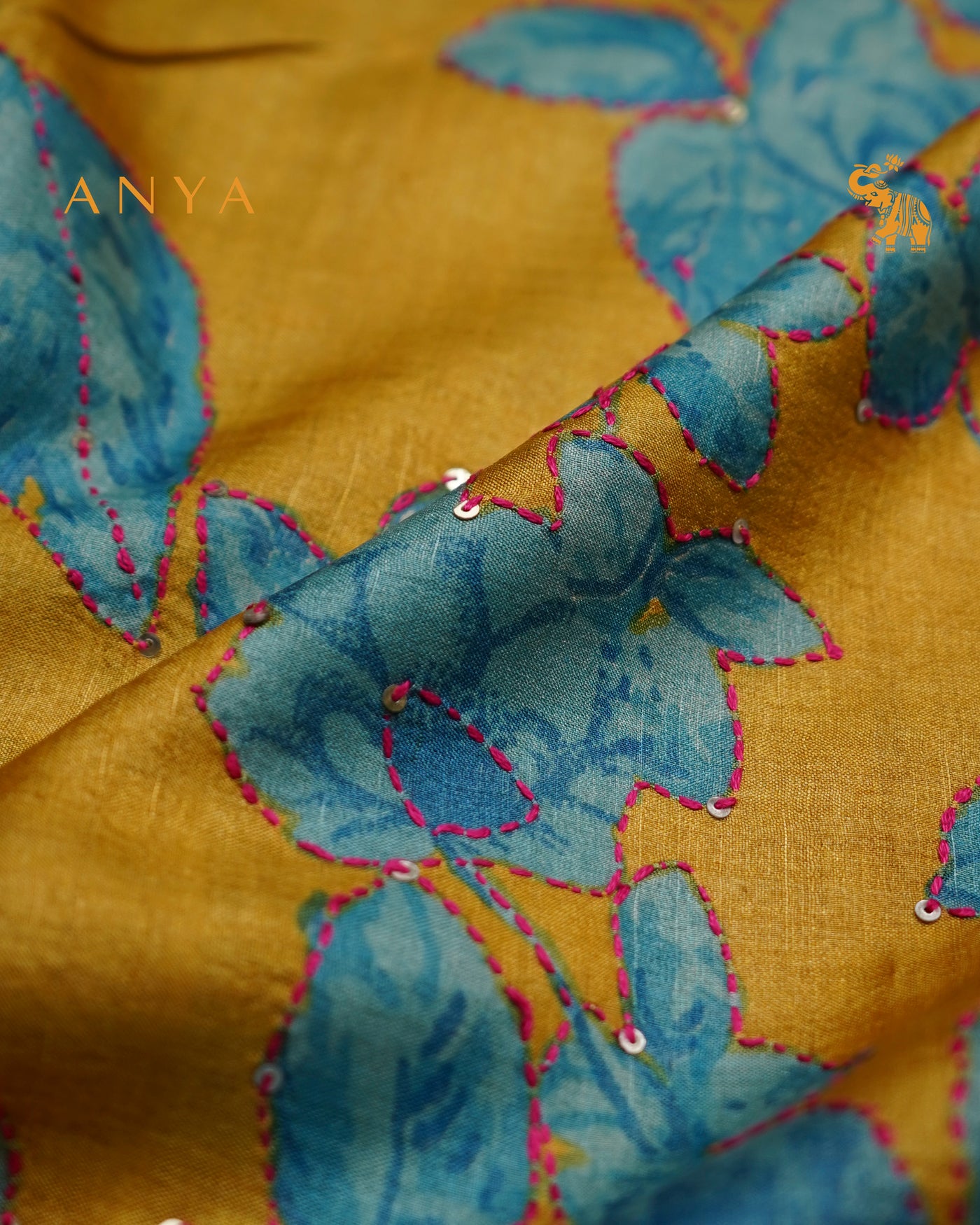 Mustard Tussar Silk Saree with Floral Kantha Work Design