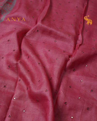 Onion Pink Tussar Silk Saree with Box Print Design