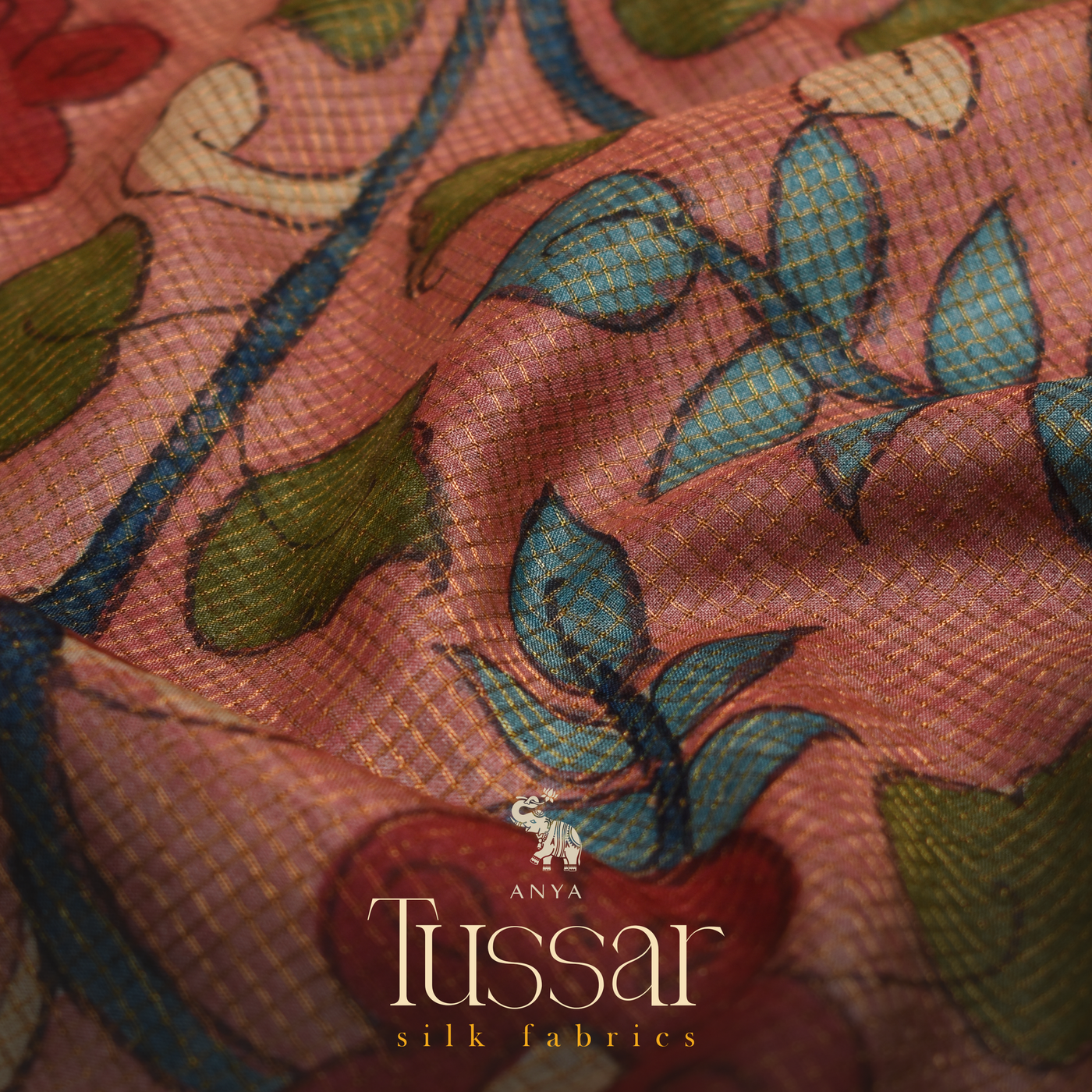 Onion Pink Tussar Silk Fabric with Zari Checks and Kalamkari Design