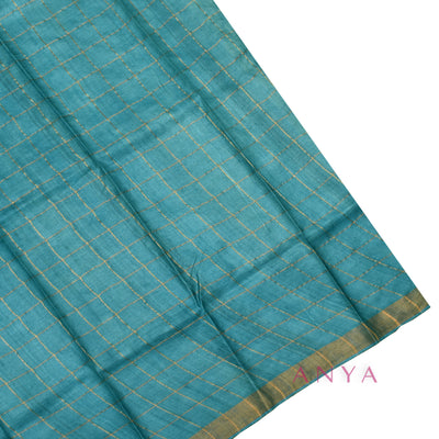 Off White Tussar Silk Saree with Leaf Print and Zari Checks Design