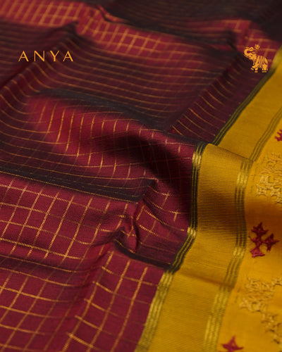 V Pakku Zari Kattam Kanchi Silk Saree with Mustard Kutch Work Pallu and Blouse