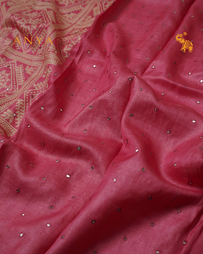 Pink Tussar Silk Saree with Box Print Design