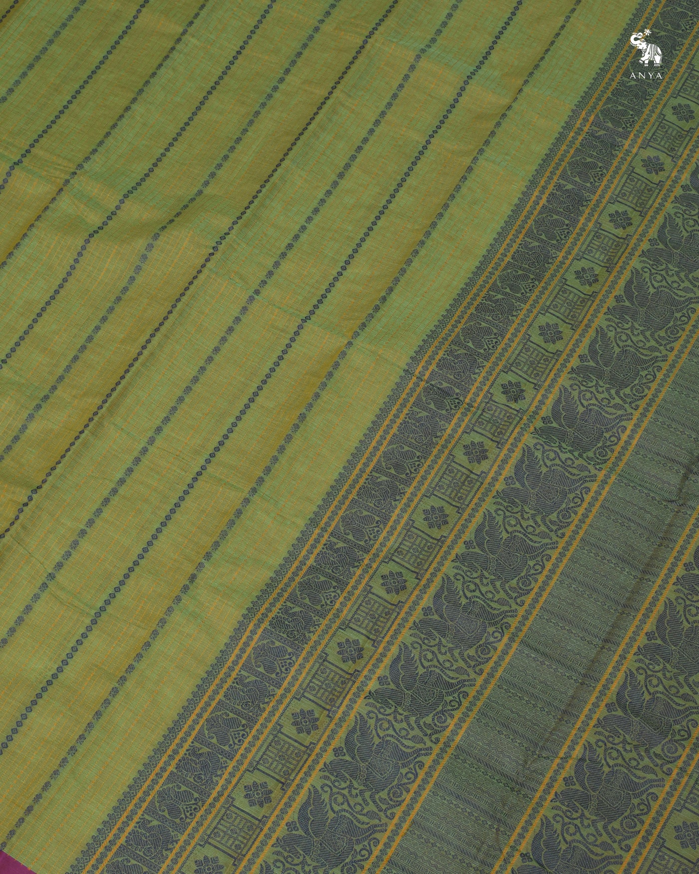Apple Green Kanchi Cotton Saree with Vertical Stripes Design