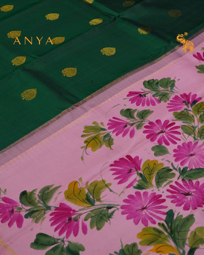 Bottle Green Hand Painted Kanchi Silk Saree with Zari Butta Design