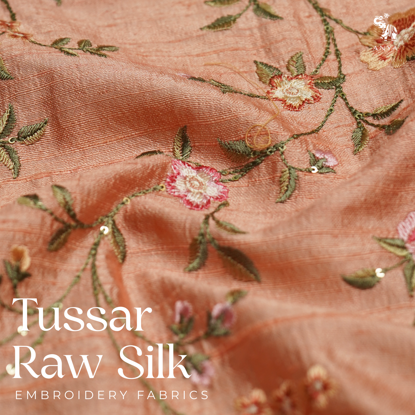 Peach Tussar Raw Silk Fabric with Floral Creeper Embroidery Design