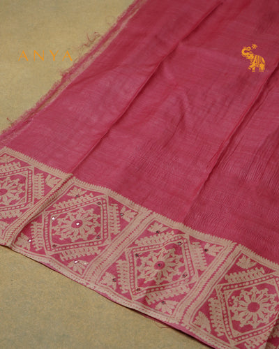 Pink Tussar Silk Saree with Box Print Design