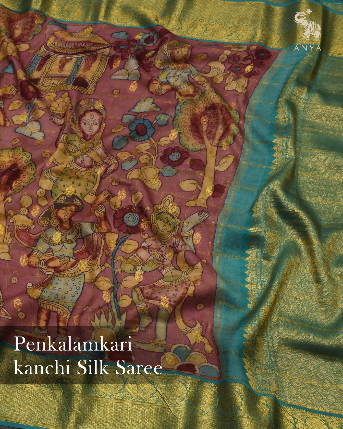 Onion Pink Pen Kalamkari Kanchi Silk Saree