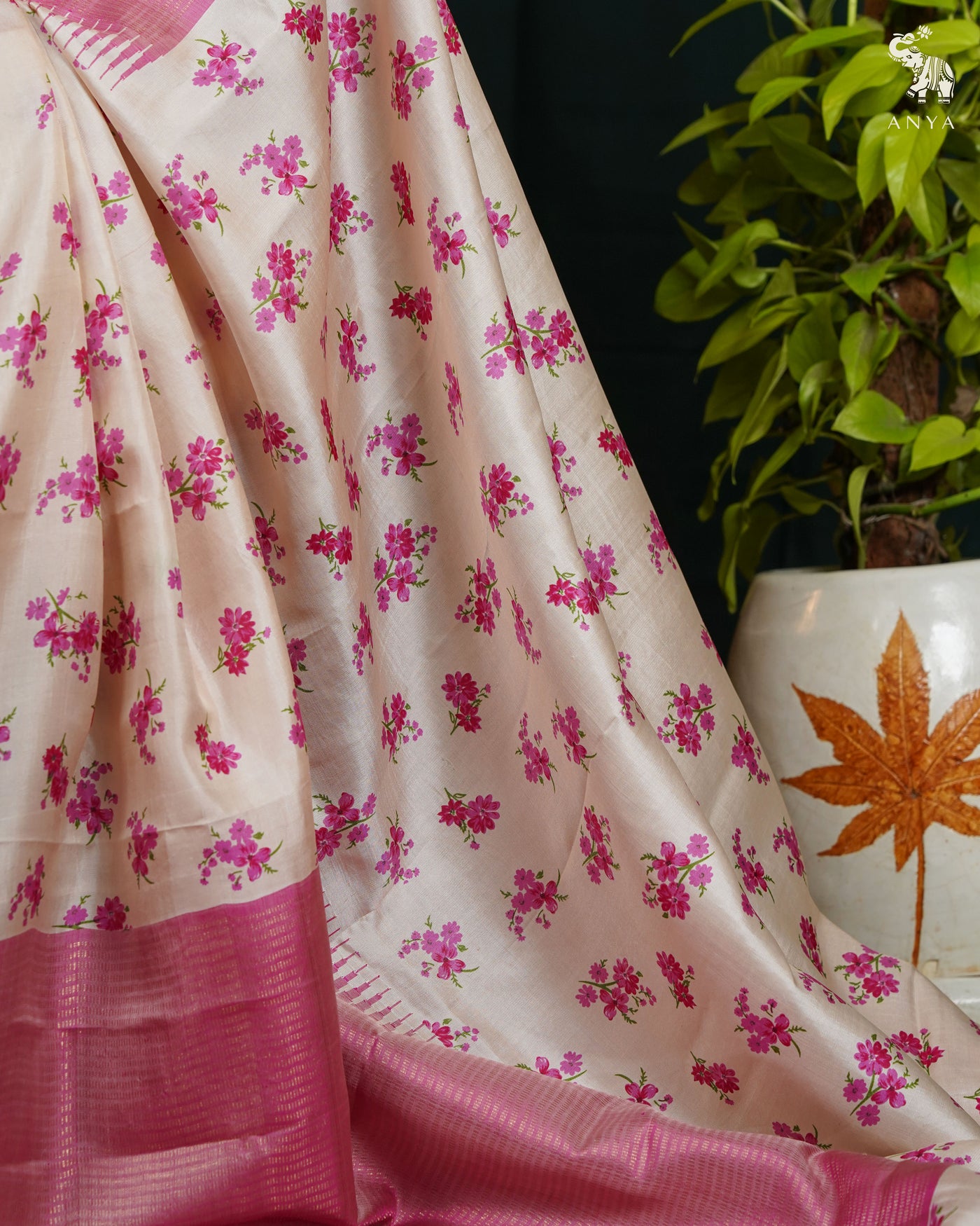 Off White Printed Kanchi Silk Saree with Small Floral Print Design