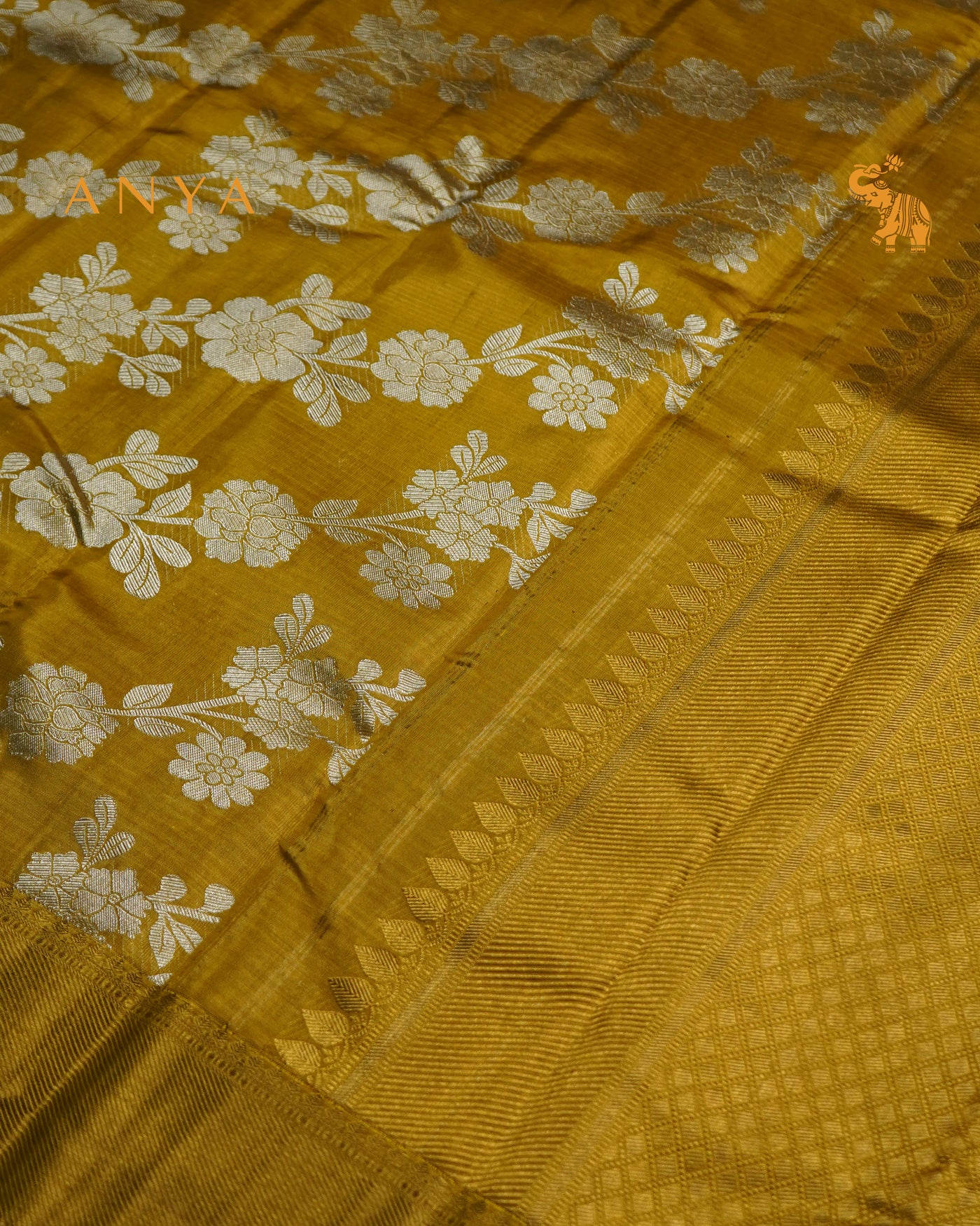 Mustard Yellow Kanchipuram Silk Saree with Floral Creeper Design