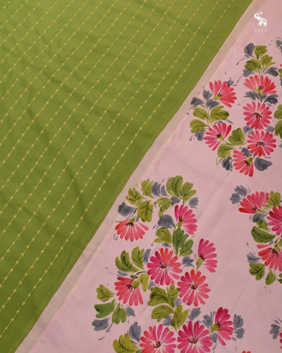 Mehandi Green Hand Painted Kanchi Silk Saree with Chain Stripes Design