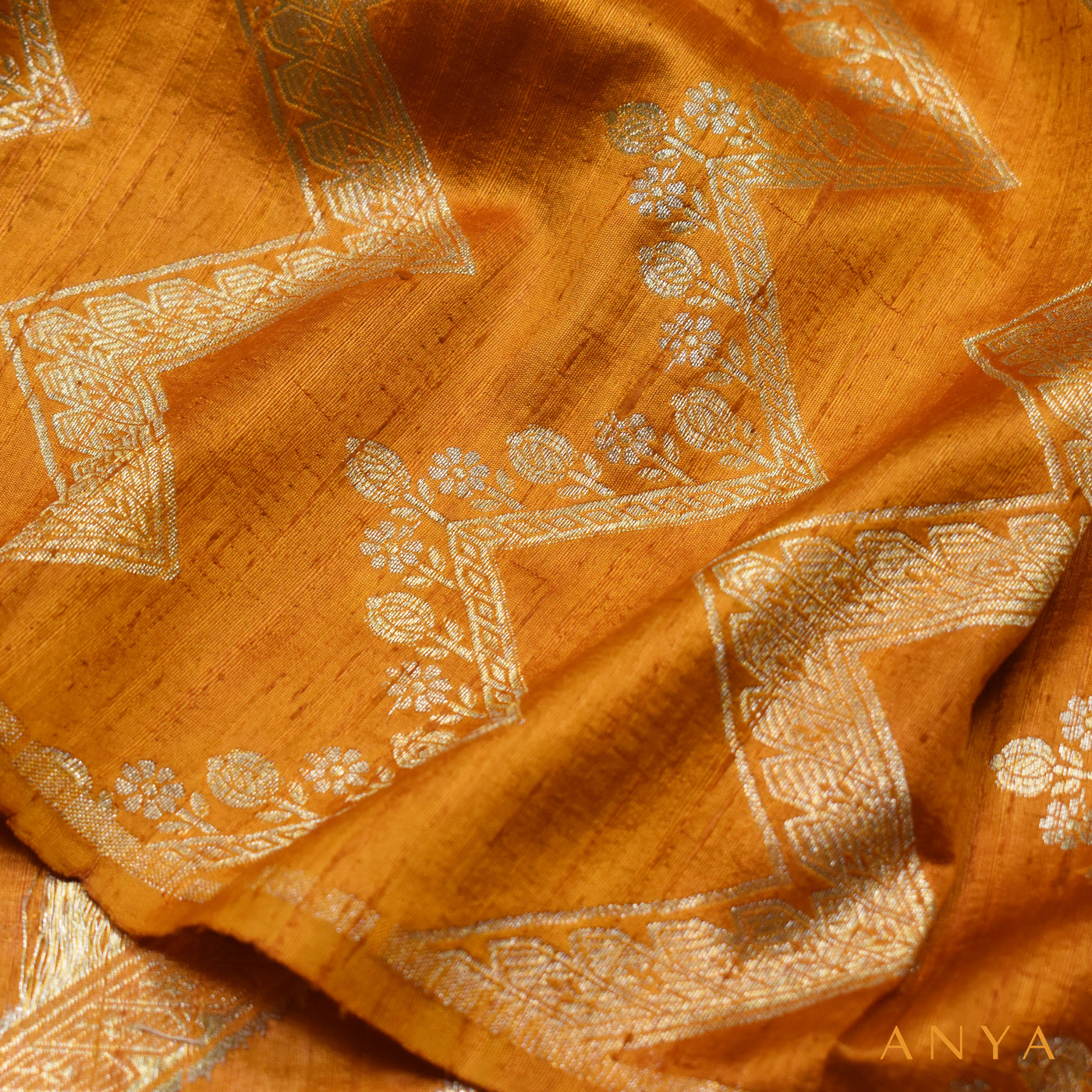 Oil Mustard Banarasi Tussar Raw Silk Fabric with Zig Zag Design