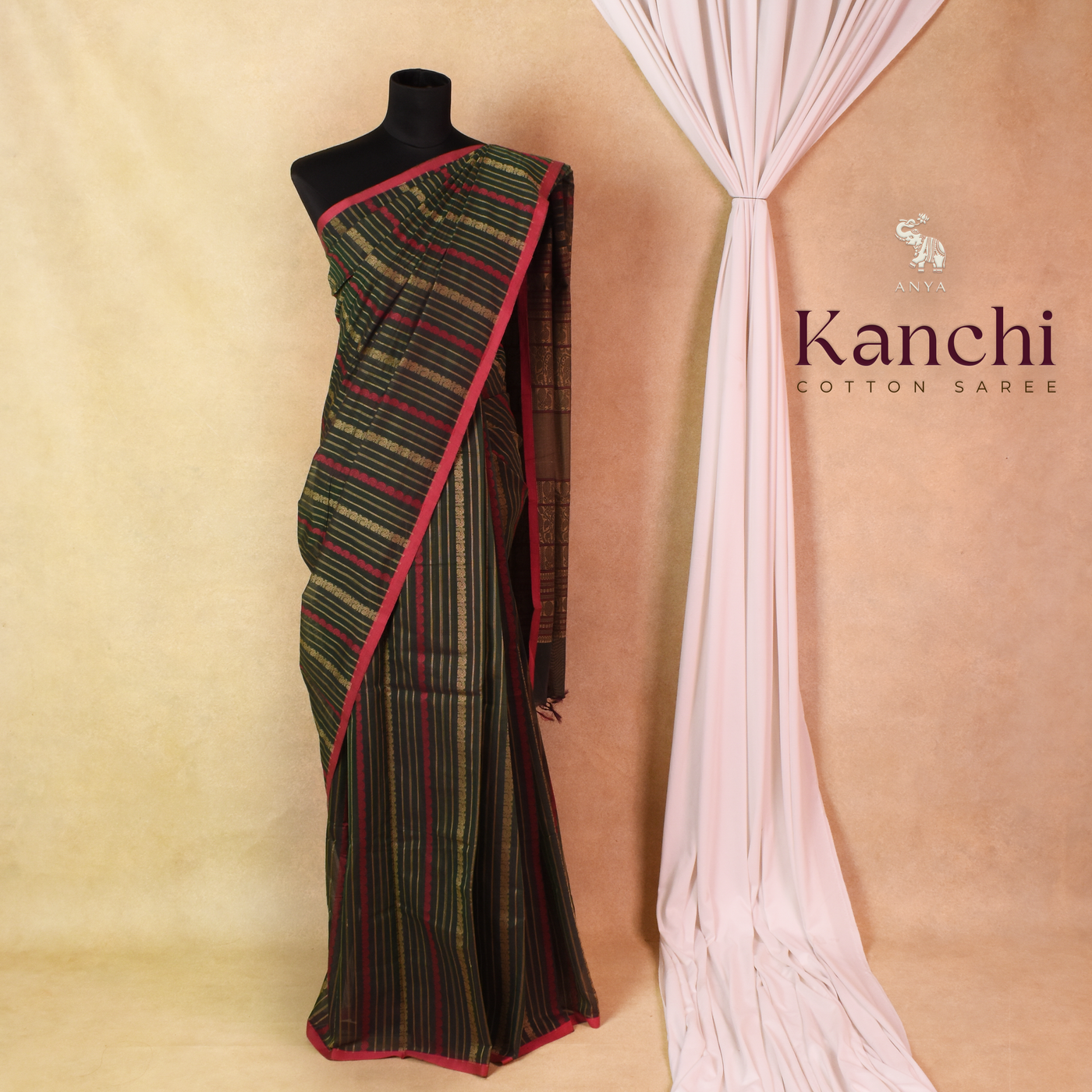 Bottle Green Kanchi Cotton Saree with Vertical Thread Stripes Design