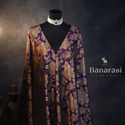 Purple Banarasi Silk Fabric with Antique Floral Creeper Design