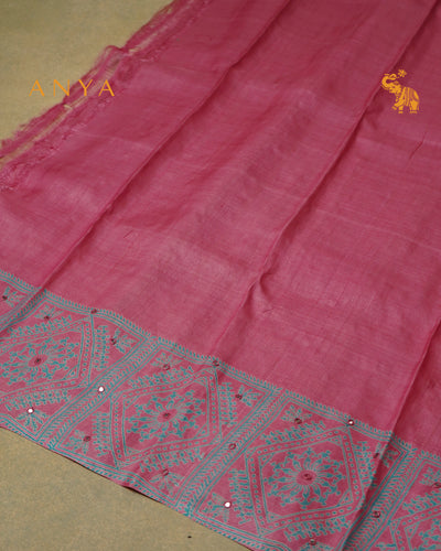 Onion Pink Tussar Silk Saree with Box Print Design