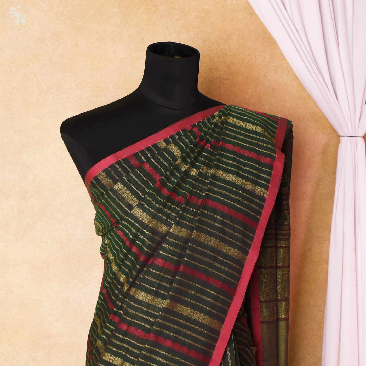 Bottle Green Kanchi Cotton Saree with Vertical Thread Stripes Design