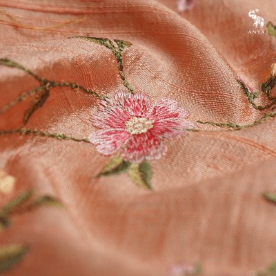 Peach Tussar Raw Silk Fabric with Floral Creeper Embroidery Design